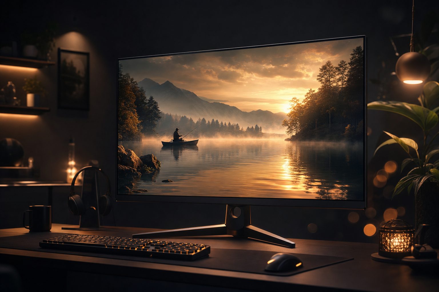 A gaming monitor glowing with an atmospheric lake scene in a dark room
