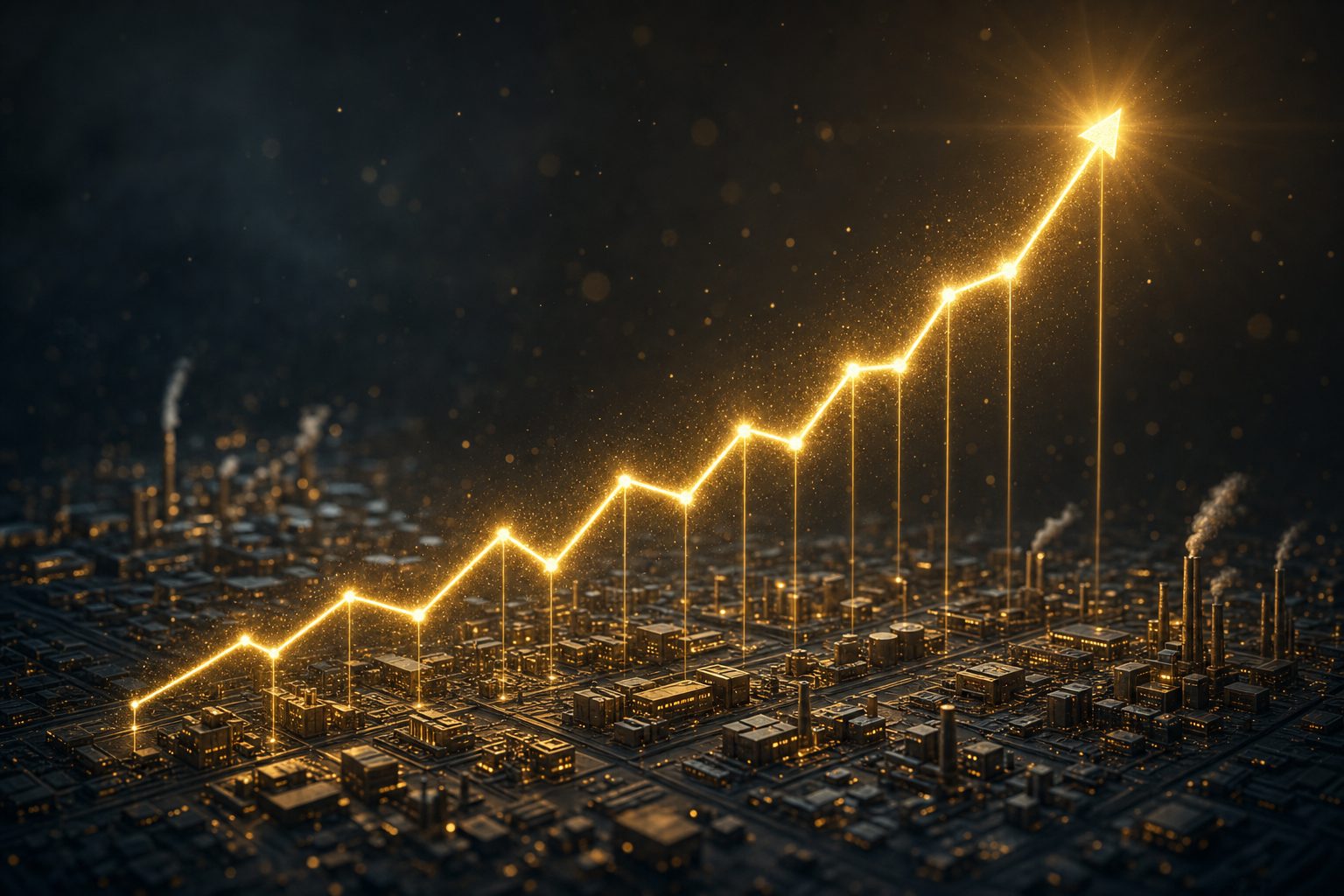 A glowing gold line graph rising over a dark field of miniature simulated buildings