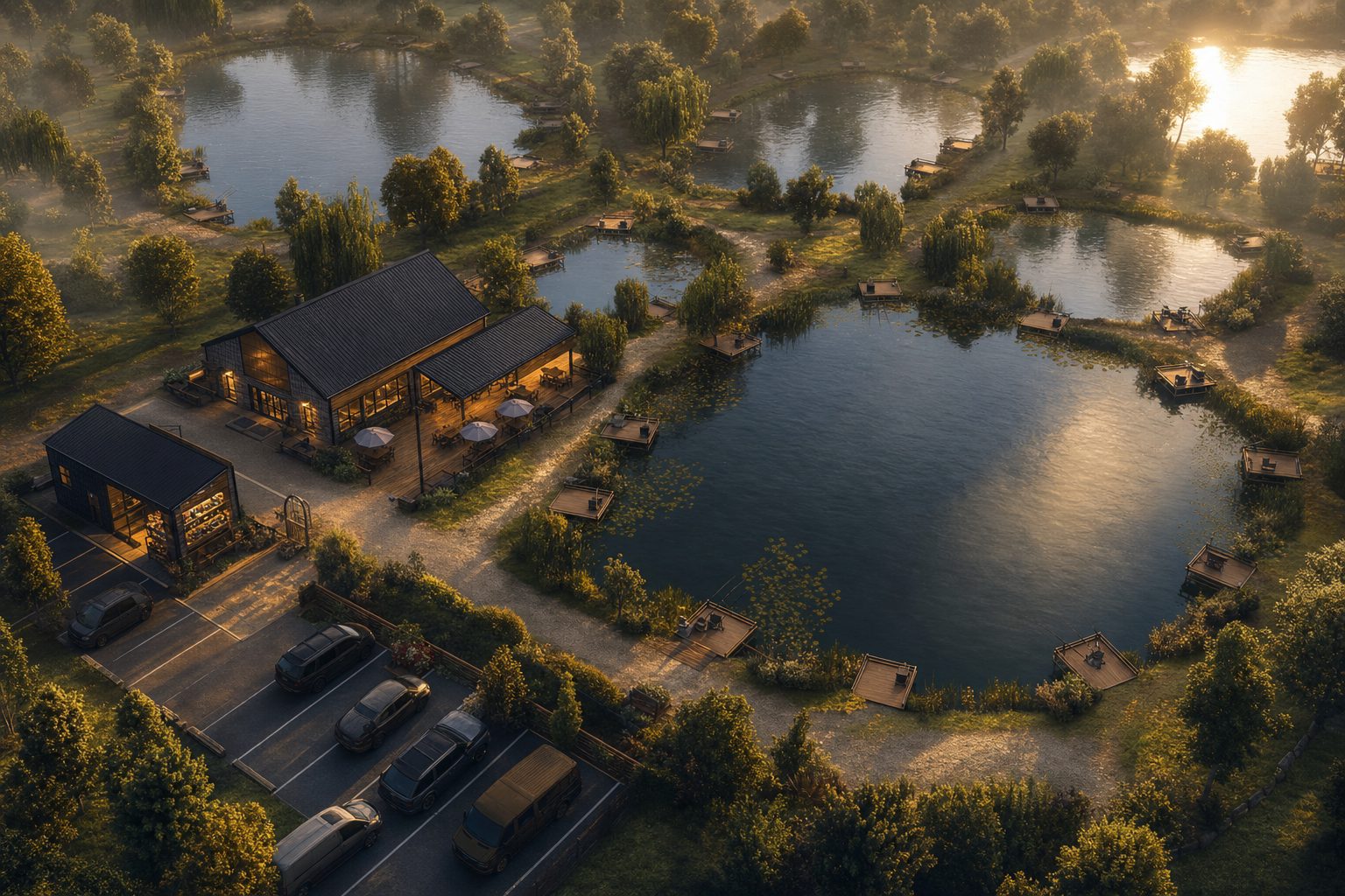 Aerial view of a developed carp fishery with multiple lakes, a shop and cafe