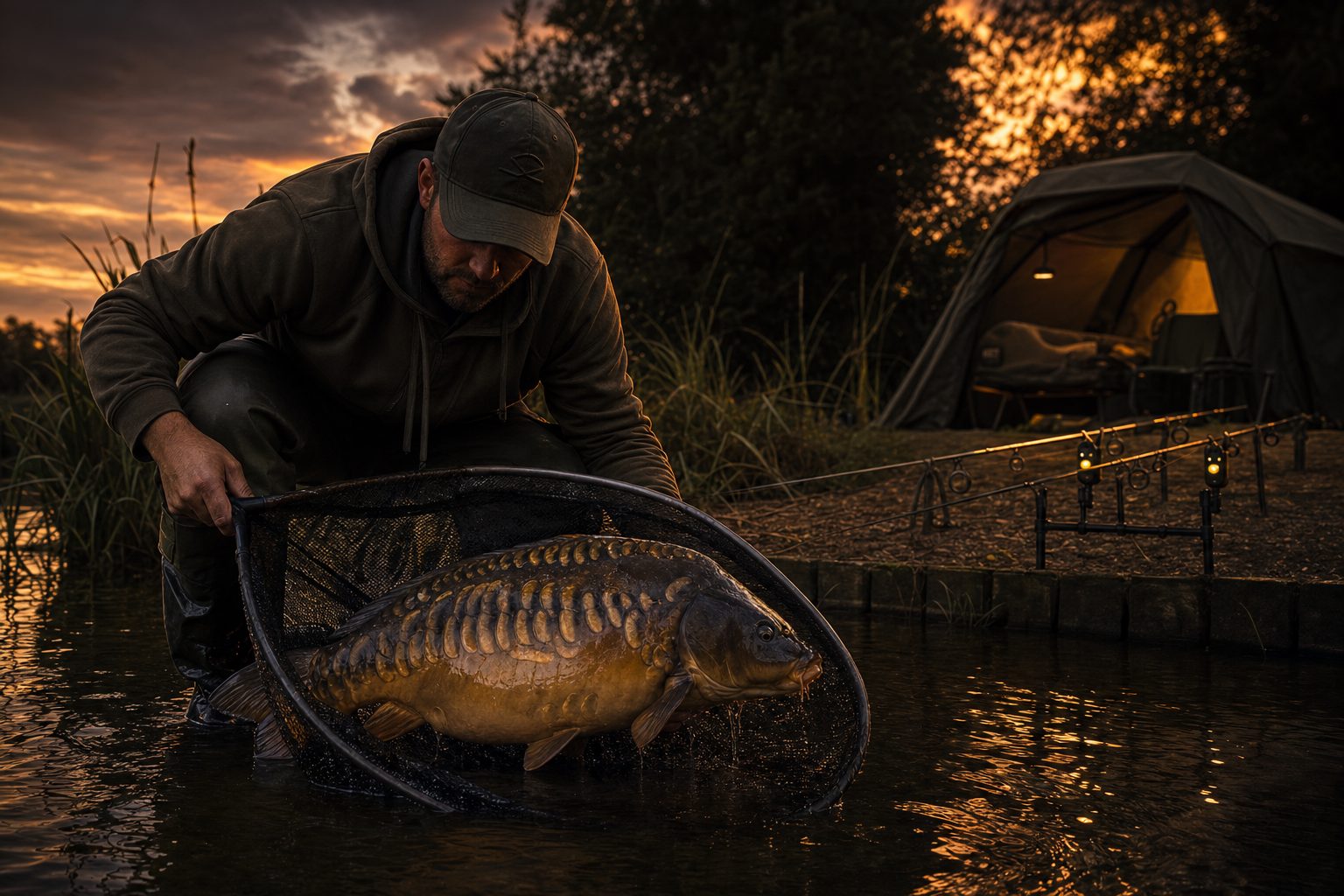 An angler landing a large mirror carp at dusk