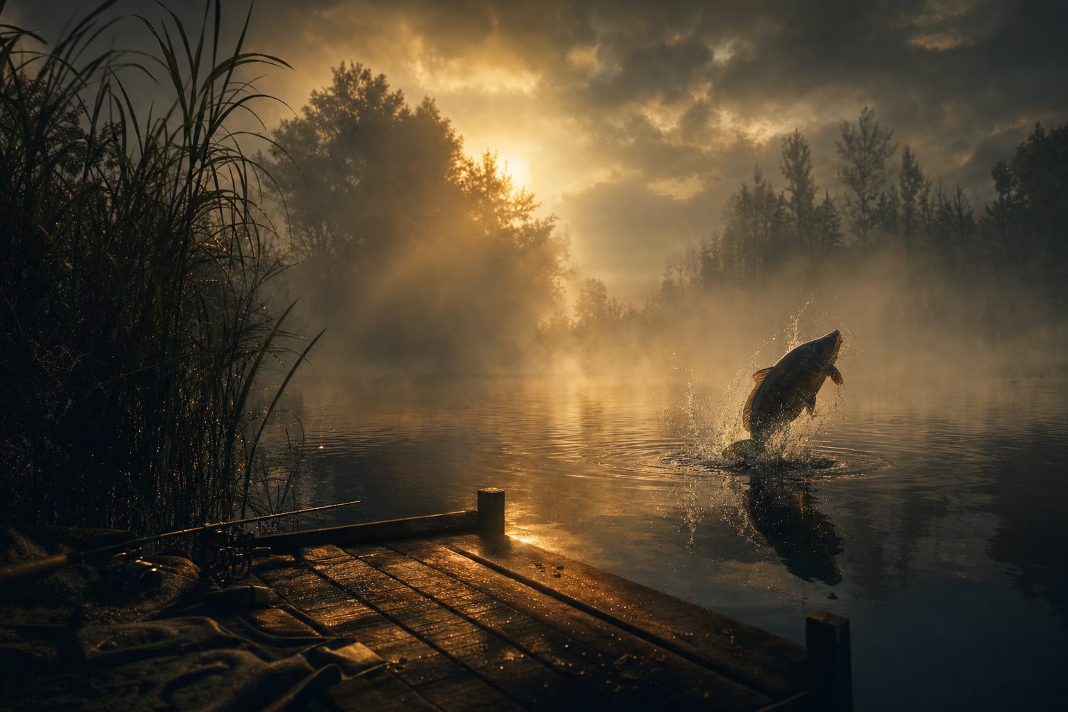 A large mirror carp leaping from a misty dawn lake with a wooden platform in the foreground