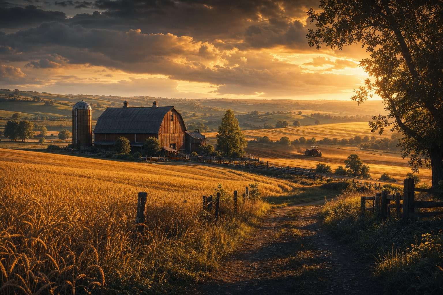 Golden-hour view over rolling English farmland with a barn, silo and fields of wheat